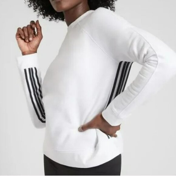 Athleta White 24/7 Track Black Stripe Crewneck Sweatshirt Cotton Pullover XS - Picture 1 of 8